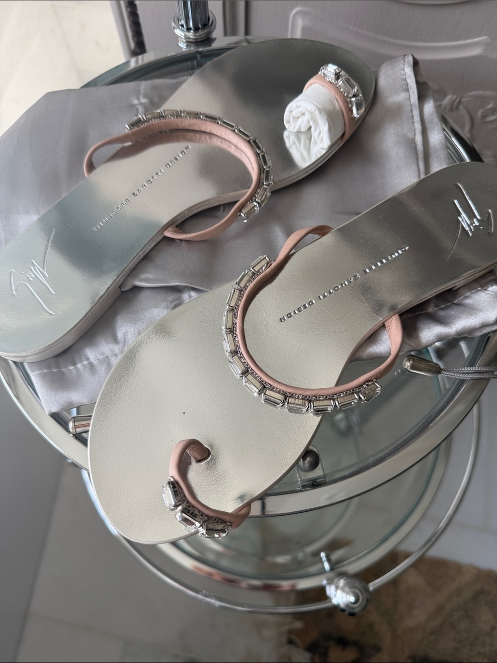 Giuseppe Zanotti Blush Pink Strap Silver Metallic Crystal-Trim Flat Sandals